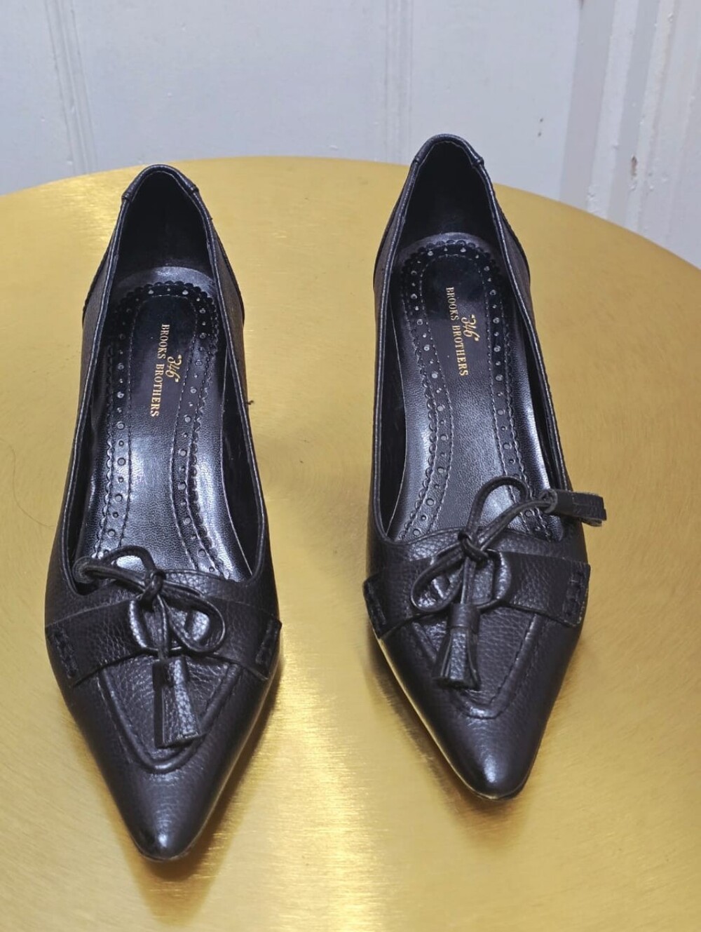 Brooks Brothers "346" Navy Blue Pointed Toe and Bow Detailed Leather kitten Heel